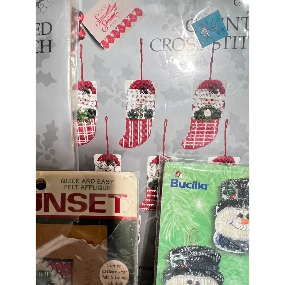 Lot of 5 VTG Holiday Cross Stitch Ornament Kits Needlepoint Christmas Stocking